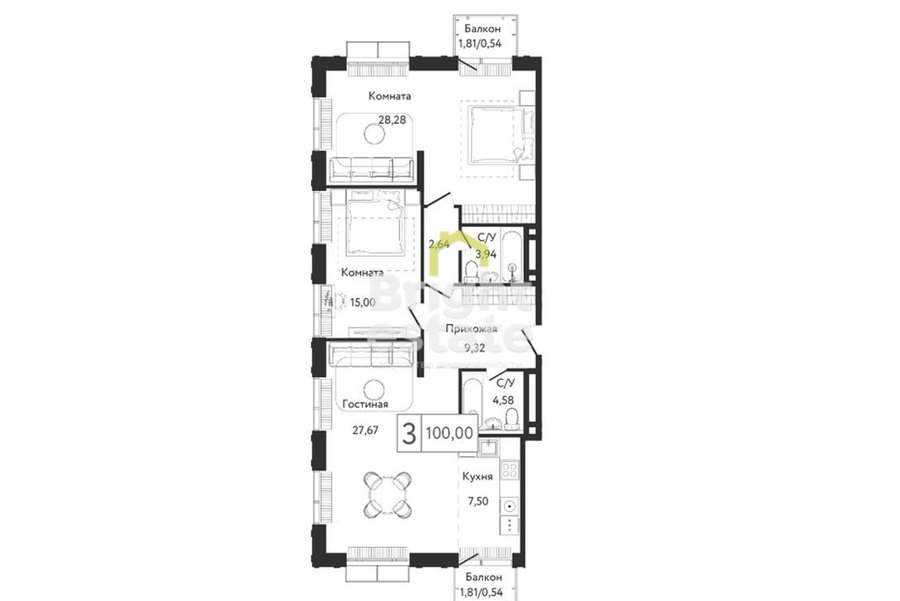 Купить 3-комнатную квартиру с 2 балконами в ЖК Dream Towers. ID 18731