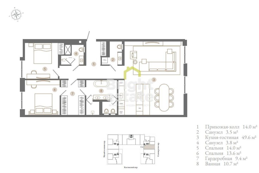 Трехкомнатная квартира в клубном доме Тургенев. ID 18840