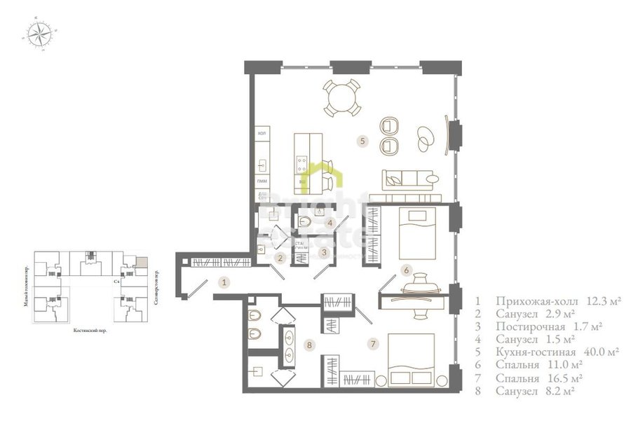 Купить 3-комнатную квартиру в клубном доме Тургенев. ID 18846