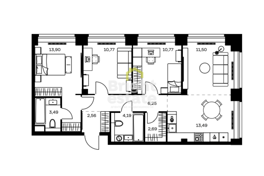 Продажа 3-комнатной квартиры без отделки в ЖК Nova. ID 21489